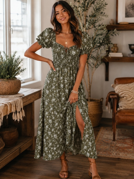 Dresses & Skirts - Floral Puff-Sleeve Maxi Dress in Olive